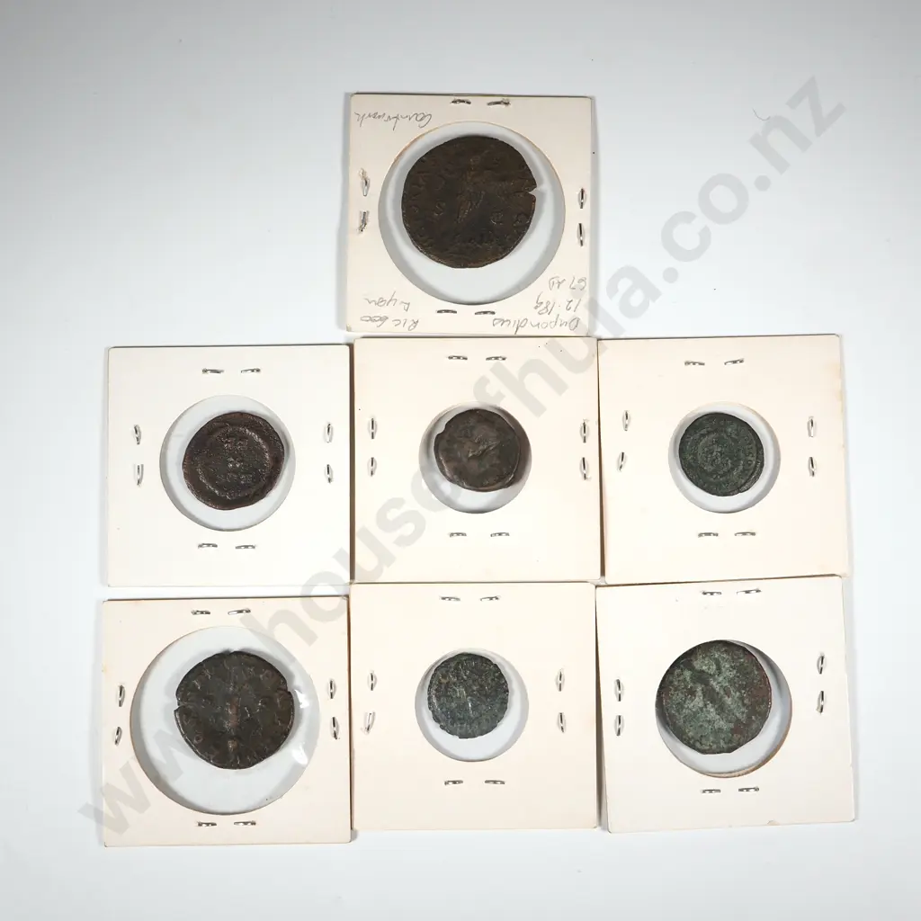 Seven Ancient Roman Coins in Cardboard Holder w Notations Image 1++