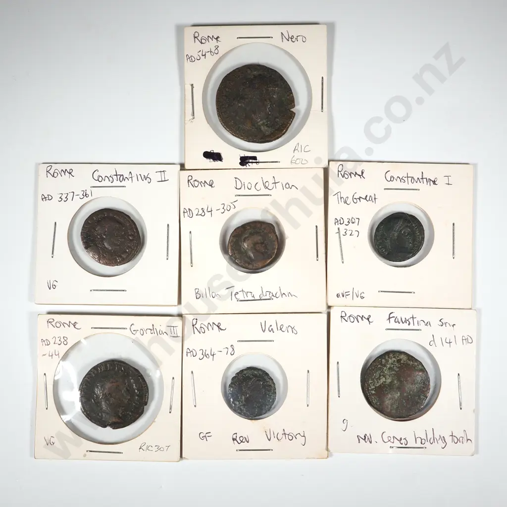 Seven Ancient Roman Coins in Cardboard Holder w Notations Image 1++