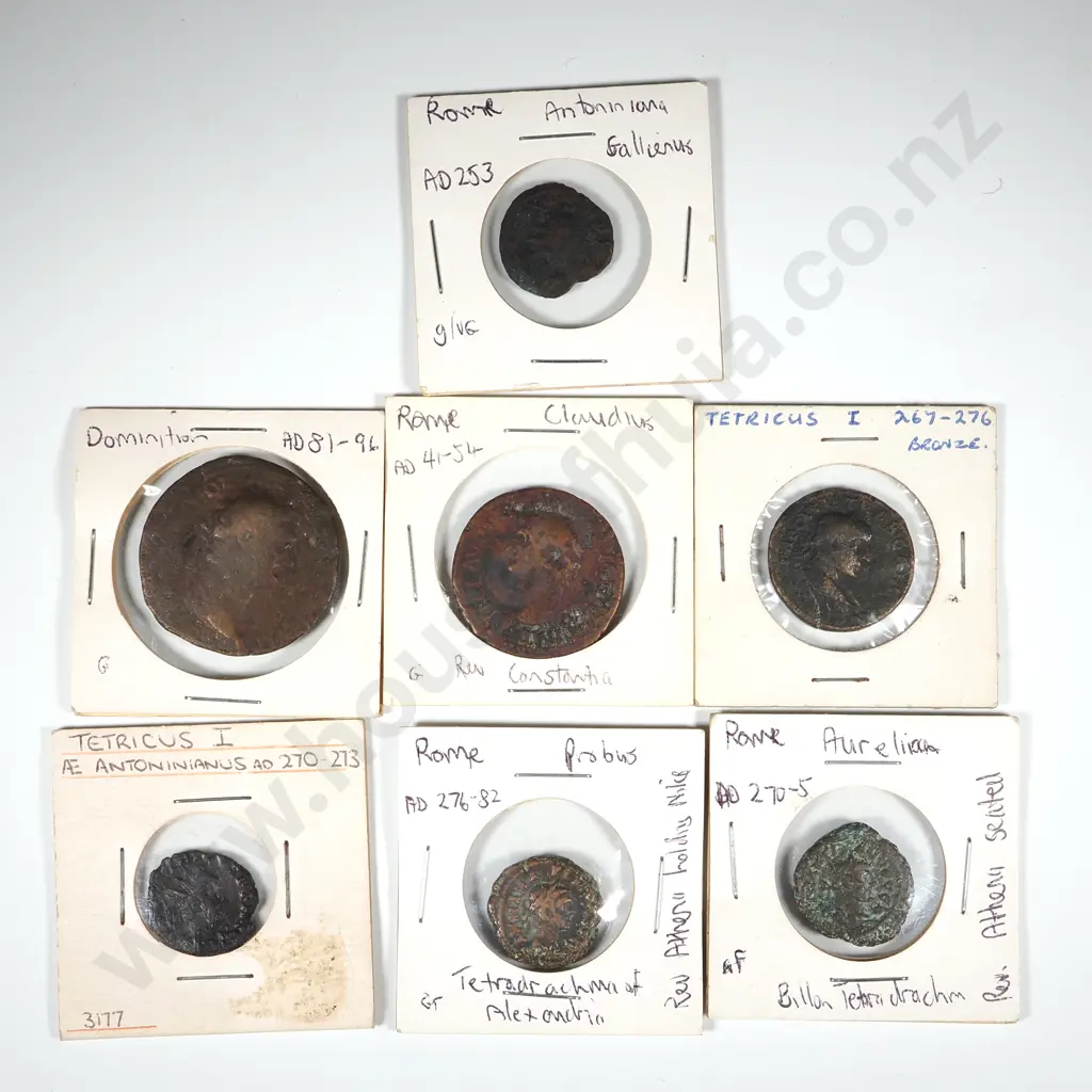 Seven Ancient Roman Coins in Cardboard Holder w Notations Image 1++