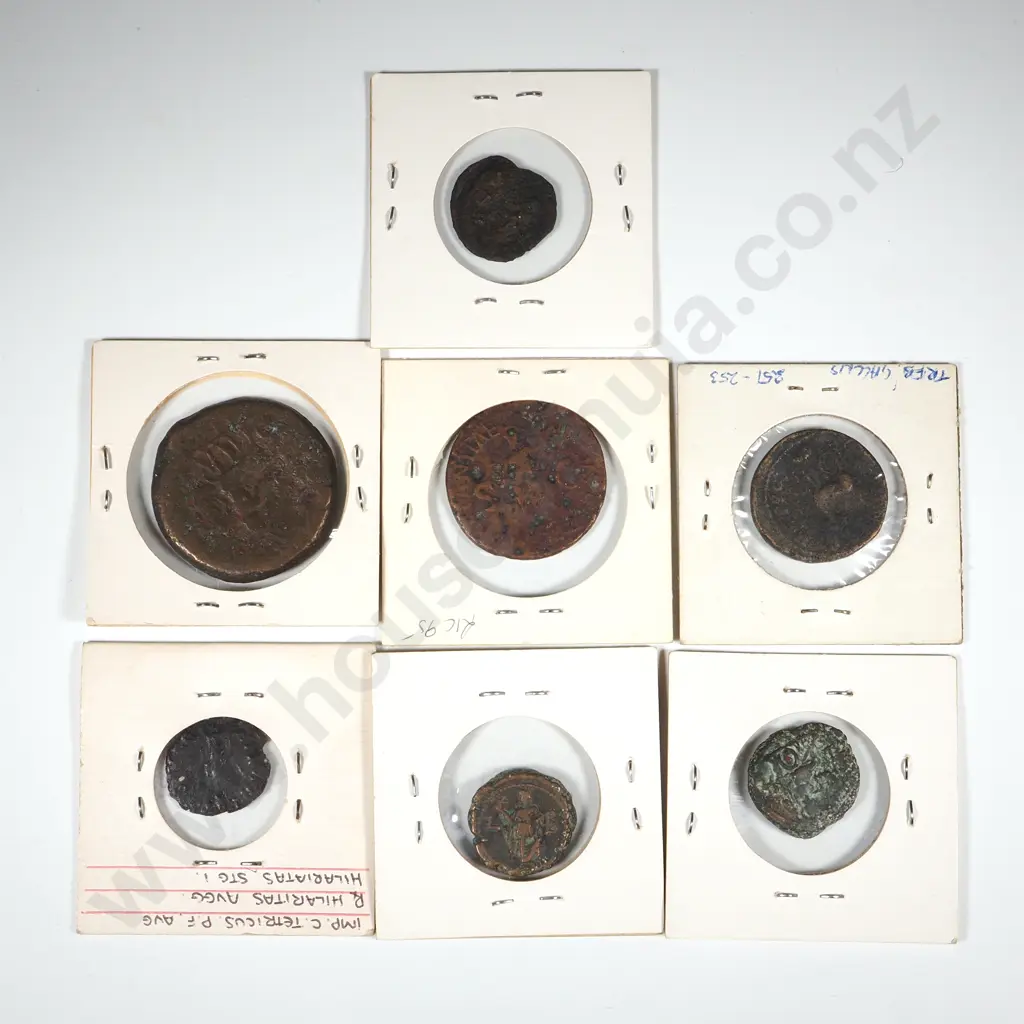 Seven Ancient Roman Coins in Cardboard Holder w Notations Image 1++