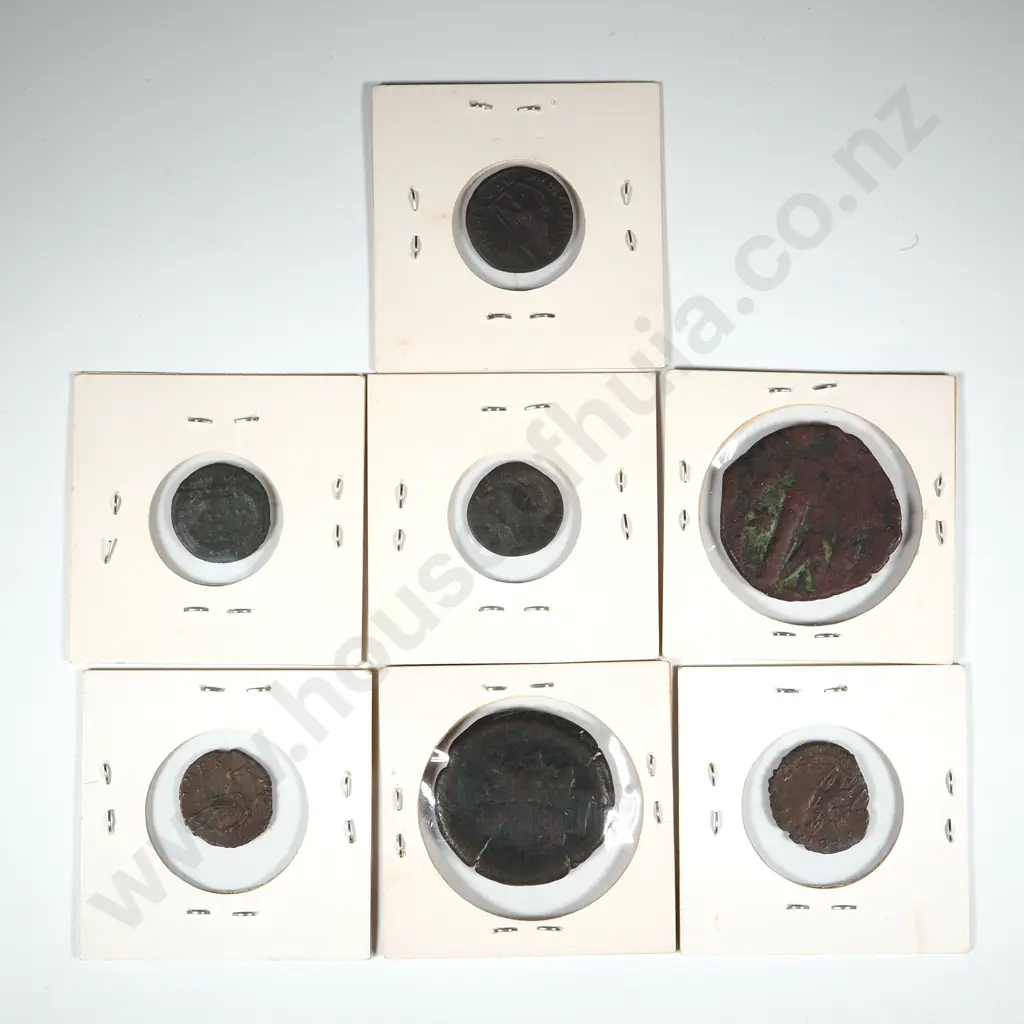 Seven Ancient Roman Coins in Cardboard Holder w Notations Image 1++