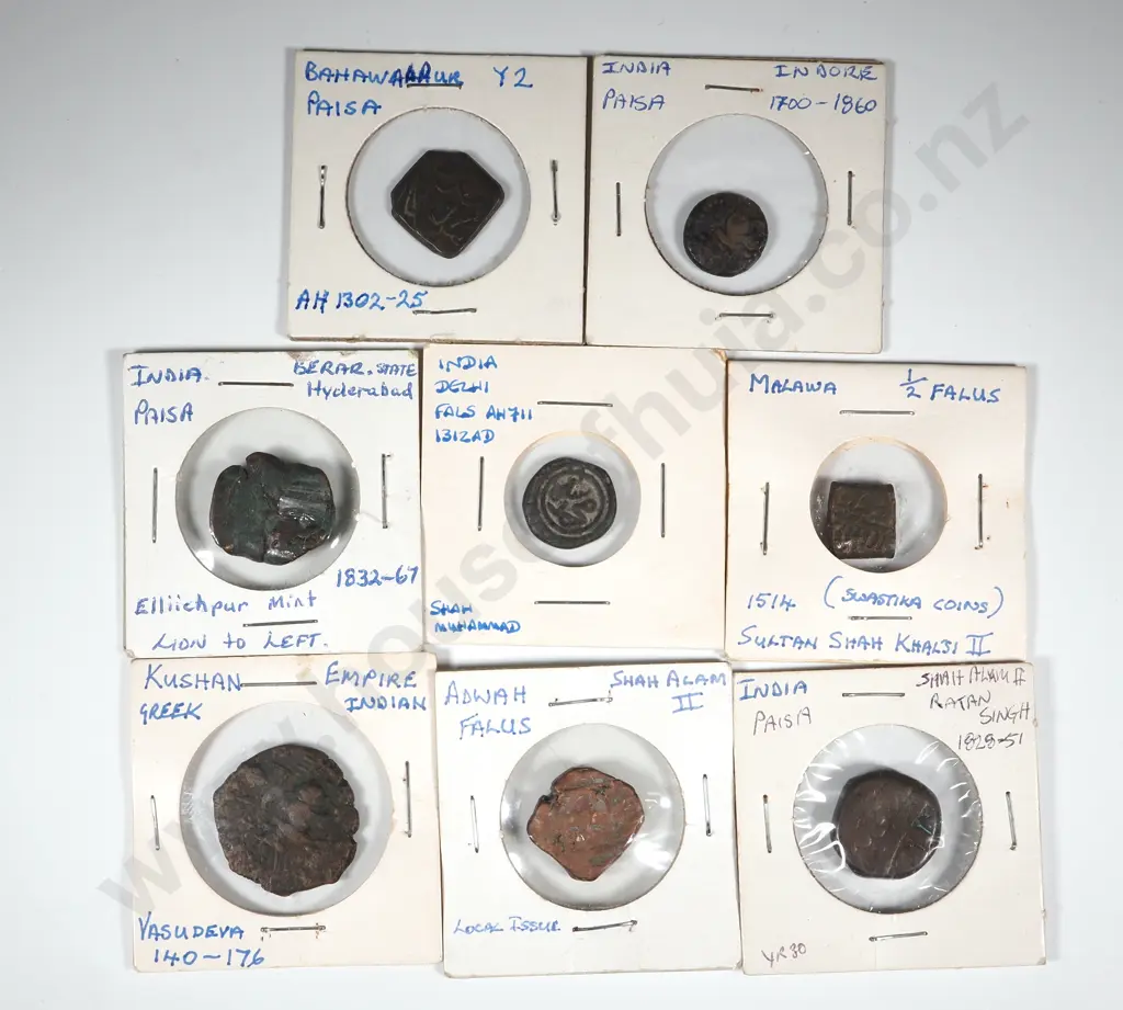 8 Antique India Copper Coins in Cardboard Holders w Notations  Image 1++