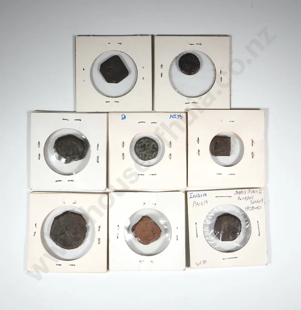 8 Antique India Copper Coins in Cardboard Holders w Notations  Image 1++