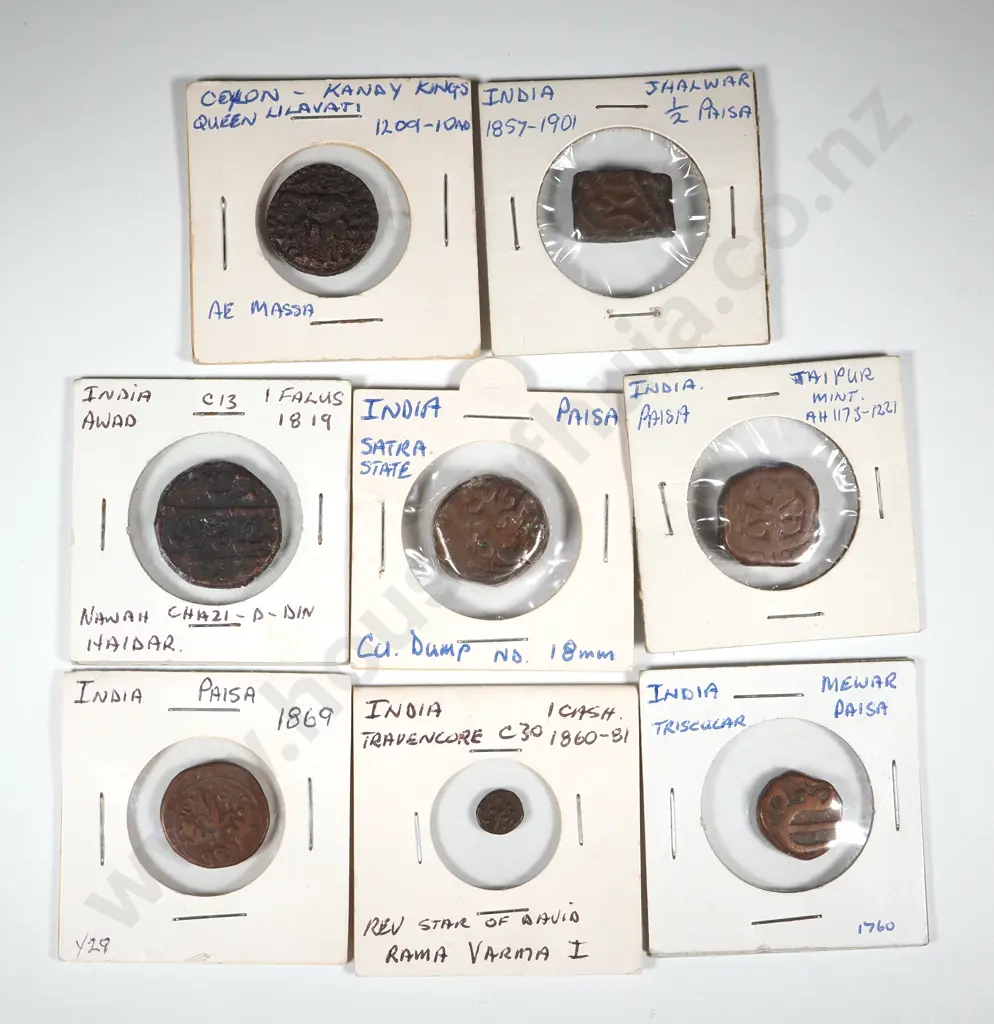 8 Antique India Copper Coins in Cardboard Holders w Notations  Image 1++