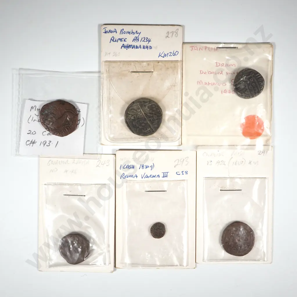 6 Antique India Copper Coins in Cardboard Holders w Notations  Image 1++