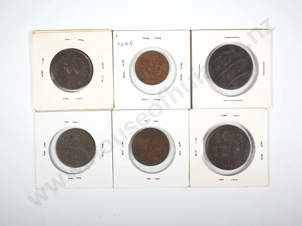 6 Antique India Copper Coins in Cardboard Holders w Notations  Image 1++