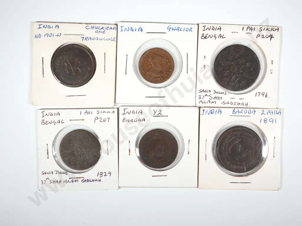 6 Antique India Copper Coins in Cardboard Holders w Notations  Image 1++