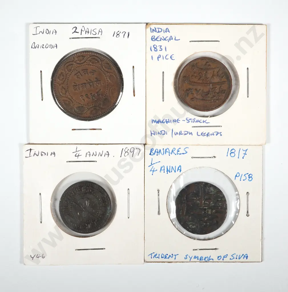 4 Antique India Copper Coins in Cardboard Holders w Notations Image 1++