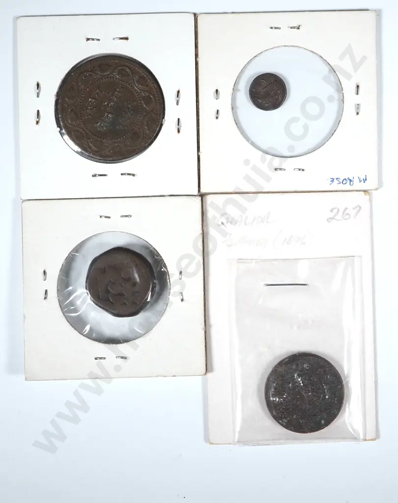 4 Antique India Copper Coins in Cardboard Holders w Notations Image 1++