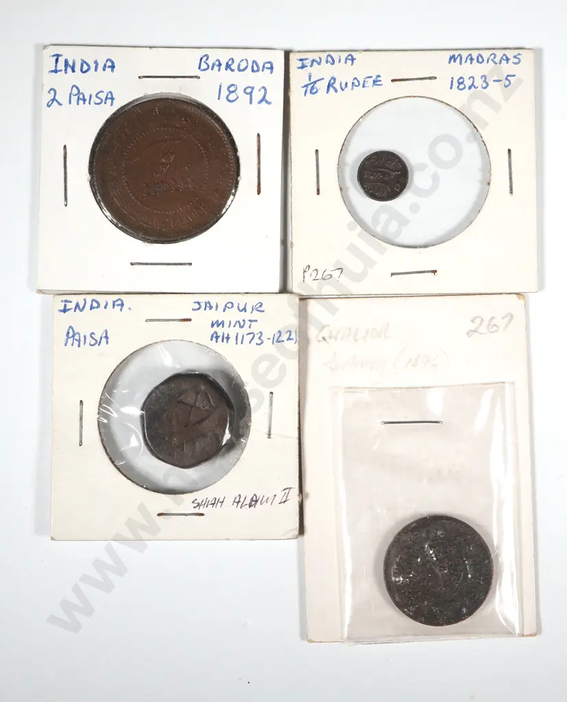 4 Antique India Copper Coins in Cardboard Holders w Notations Image 1++