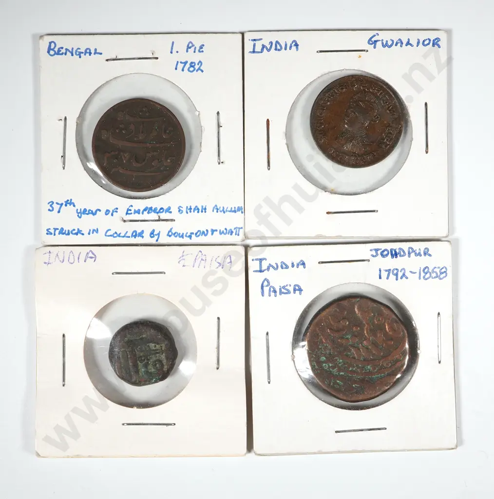 4 Antique India Copper Coins in Cardboard Holders w Notations Image 1++