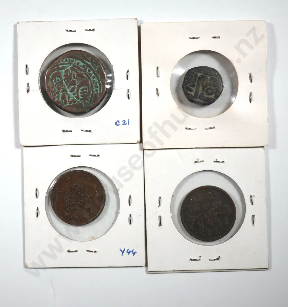 4 Antique India Copper Coins in Cardboard Holders w Notations Image 1++