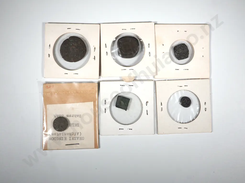 6 Antique India Copper Coins in Cardboard Holders w Notations Image 1++