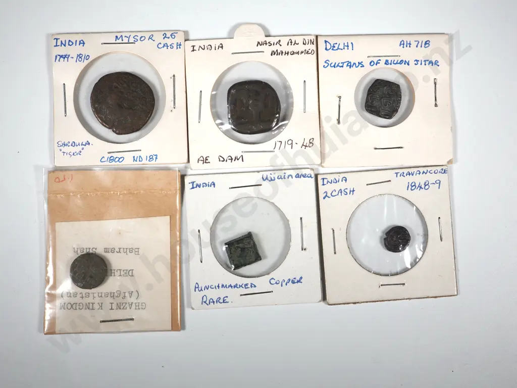 6 Antique India Copper Coins in Cardboard Holders w Notations Image 1++