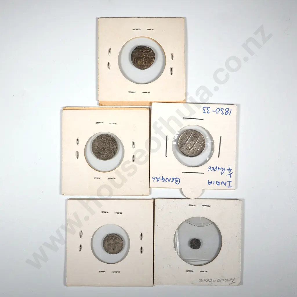 4 Antique Silver Copper Coins in Cardboard Holders w Notations Image 1++