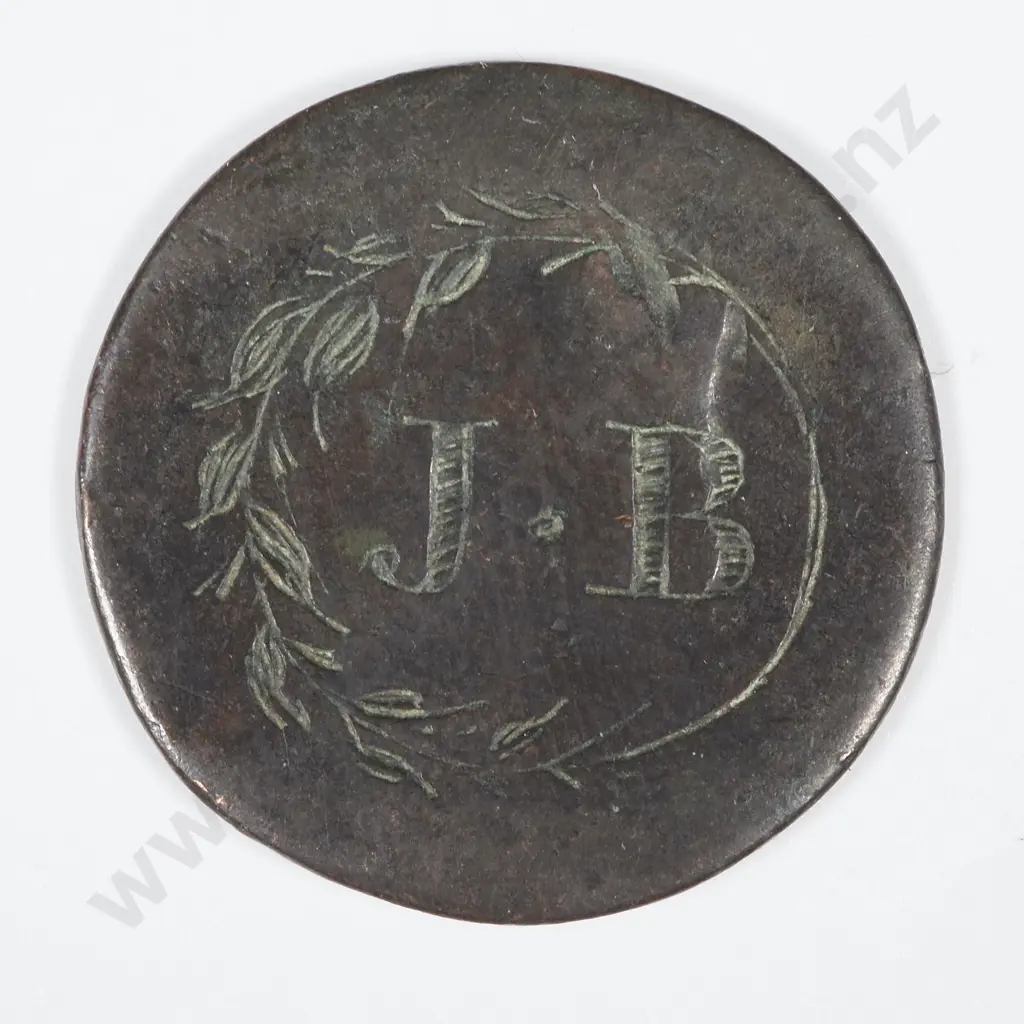 19th Century United Kingdom Half Penny - Worn & Over-stamped "J.B" Image 1++