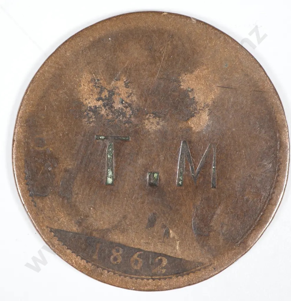 1862 United Kingdom Penny - Over-stamped "T.M" on both sides  Image 1++