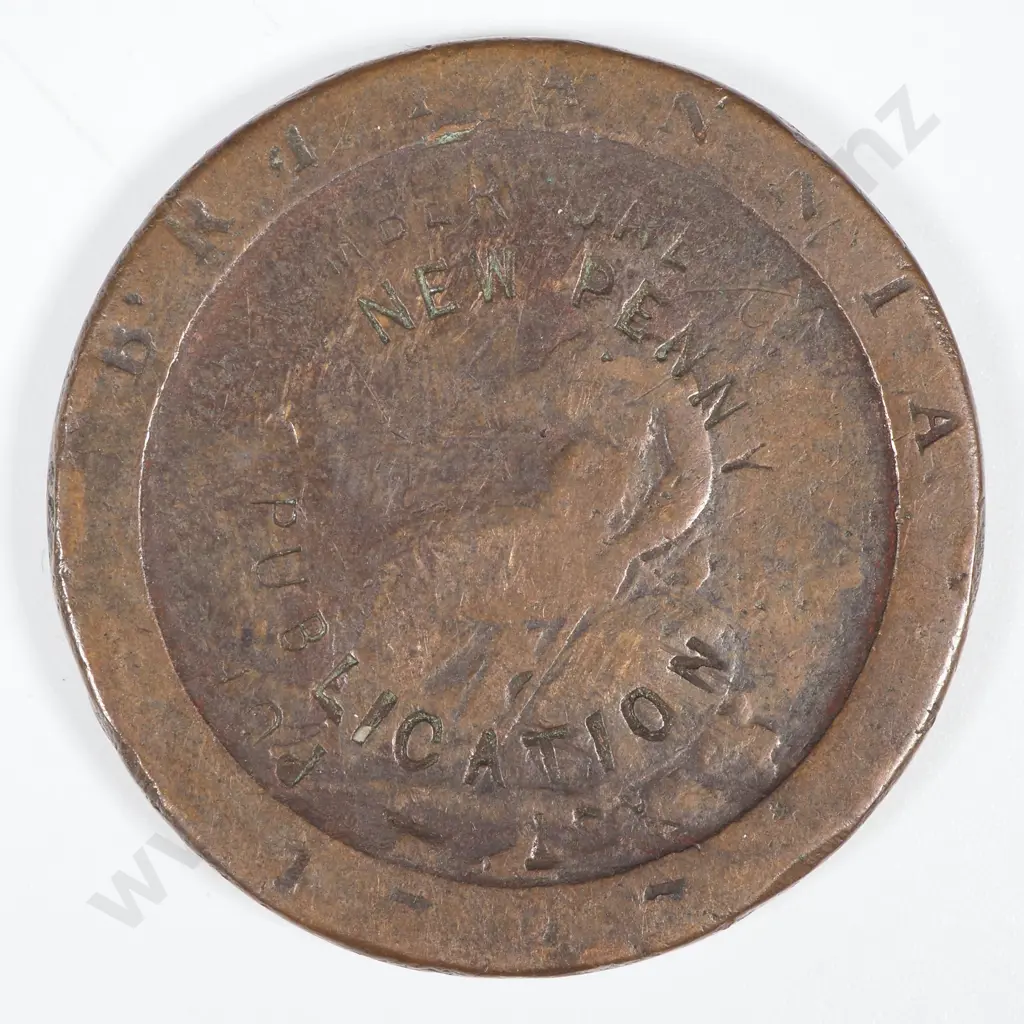 1797 United Kingdom Cartwheel Penny - Over-stamped "Number One New Penny Publication"  Image 1++