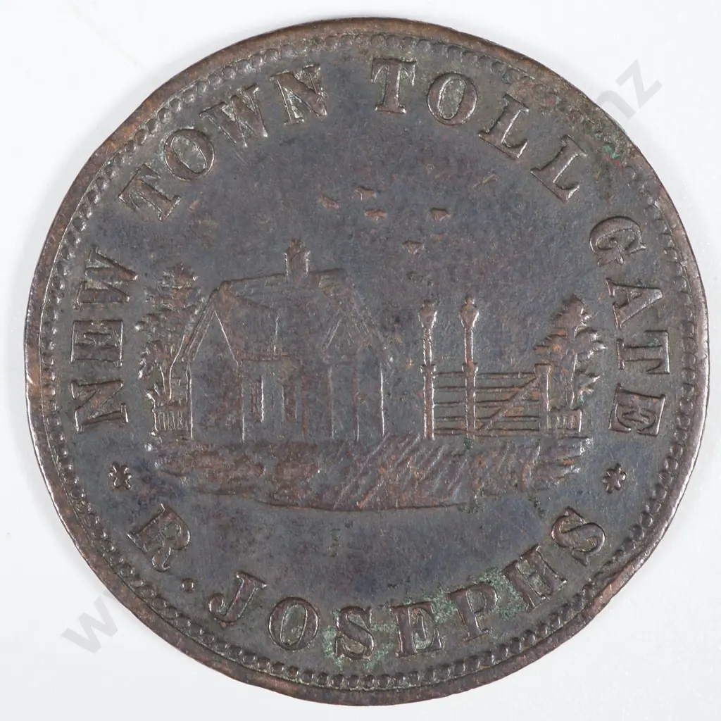 19th Century Australian Copper One Penny Trade Token - New Town Toll Gate R Josephs - Van Diemens Land 1855 Image 1++