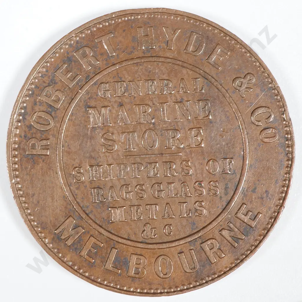 19th Century Australian Copper One Penny Trade Token - Robert Hyde & Co General Marine Store - Melbourne  Image 1++
