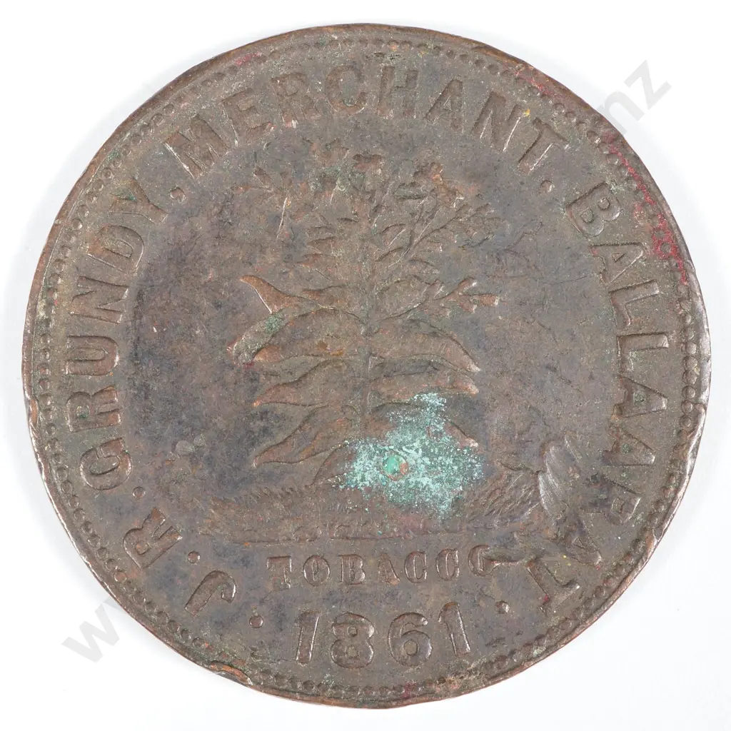 19th Century Australian Copper One Penny Trade Token - J R Grundy Tabacco Merchant 1861, Ballaarat  Image 1++