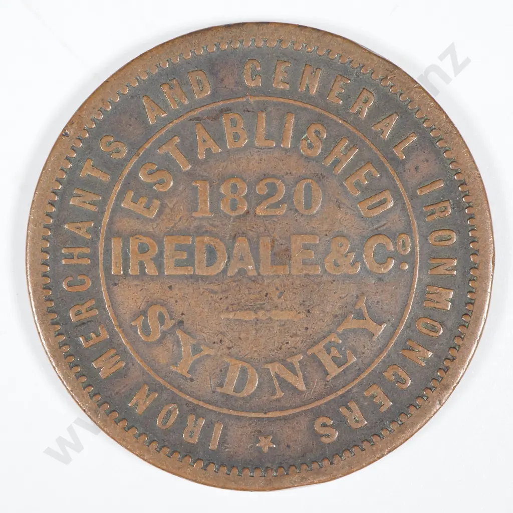 19th Century Australian Copper One Penny Trade Token - Iredale & Co, Iron Merchants & General Ironmongers, Sydney  Image 1++