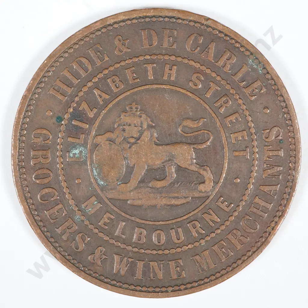 19th Century Australian Copper One Penny Trade Token - Hide & De Care, Grocers & Wine Merchants  Image 1++