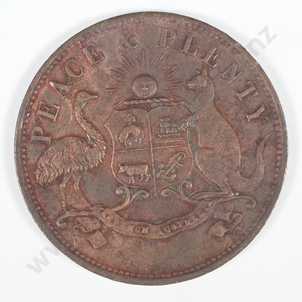 19th Century Australian Copper One Penny Trade Token - Peace & Plenty 1858 Melbourne  Image 1++