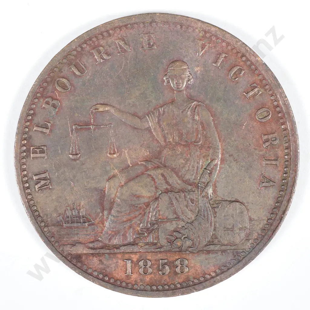 19th Century Australian Copper One Penny Trade Token - Peace & Plenty 1858 Melbourne  Image 1++