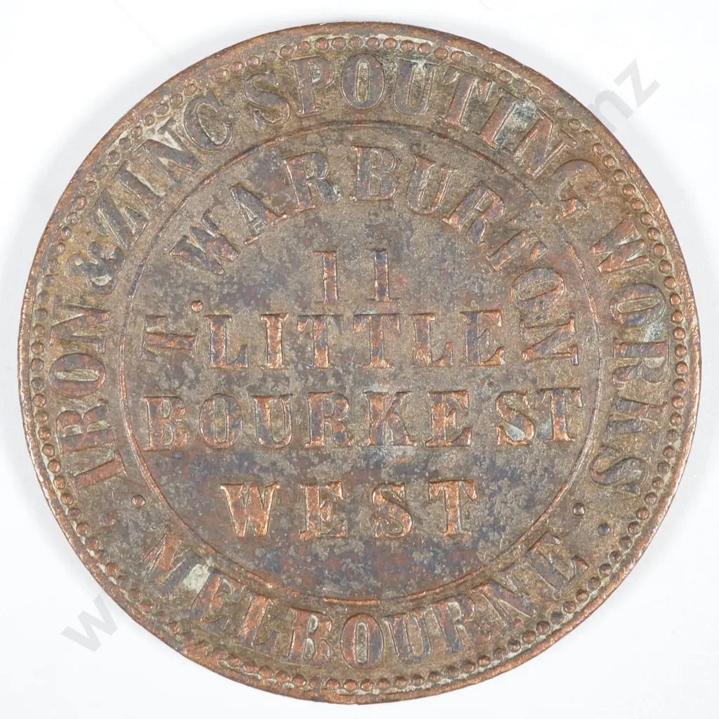 19th Century Australian Copper One Penny Trade Token - T Warburton ,Iron & Spouting Sizing Works Melbourne  Image 1++