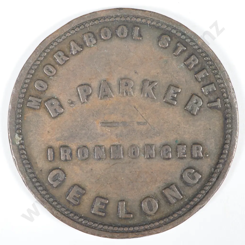 19th Century Australian Copper One Penny Trade Token - R Parker , Ironmonger Geelong  Image 1++