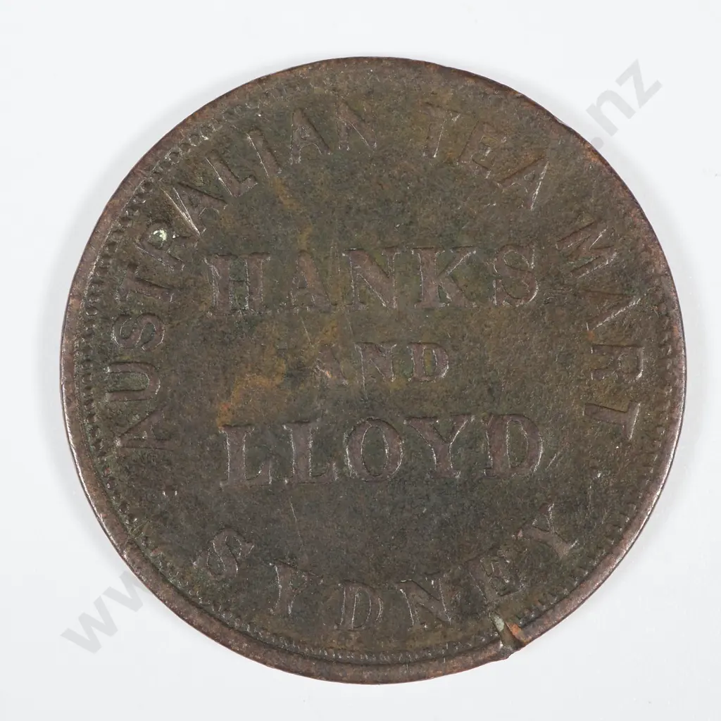 19th Century Australian Copper One Penny Trade Token - Hanks & Lloyd Sydney, Australian Tea Mart 1855 Image 1++