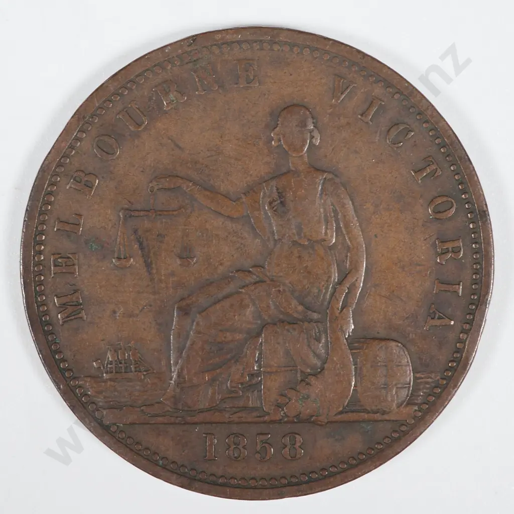 19th Century Australian Copper One Penny Trade Token - Peace & Plenty 1858 Melbourne Image 1++