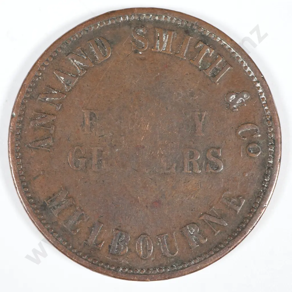 19th Century Australian Copper One Penny Trade Token - Annand Smith & Co Melbourne Grocers Image 1++