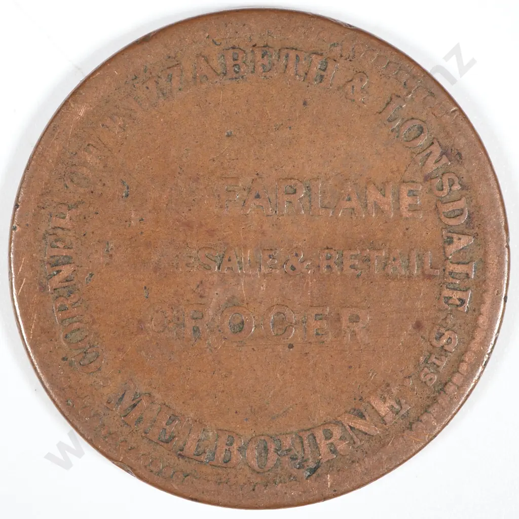 19th Century Australian Copper One Penny Trade Token - Macfarlane Wholesale & Retail Grocer Melbourne Image 1++