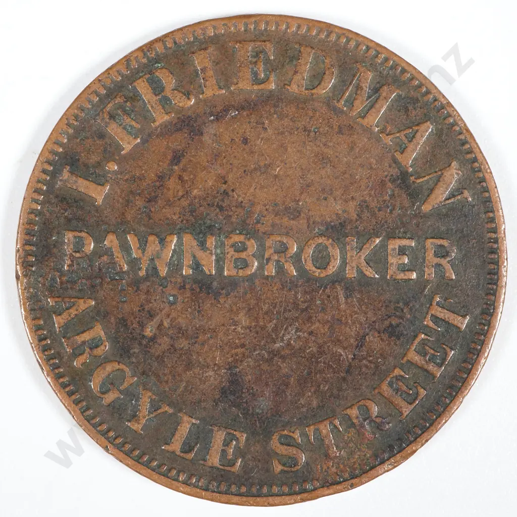 19th Century Australian Copper One Penny Trade Token - I Friedman Pawnbroker Tasmania 1857 Image 1++
