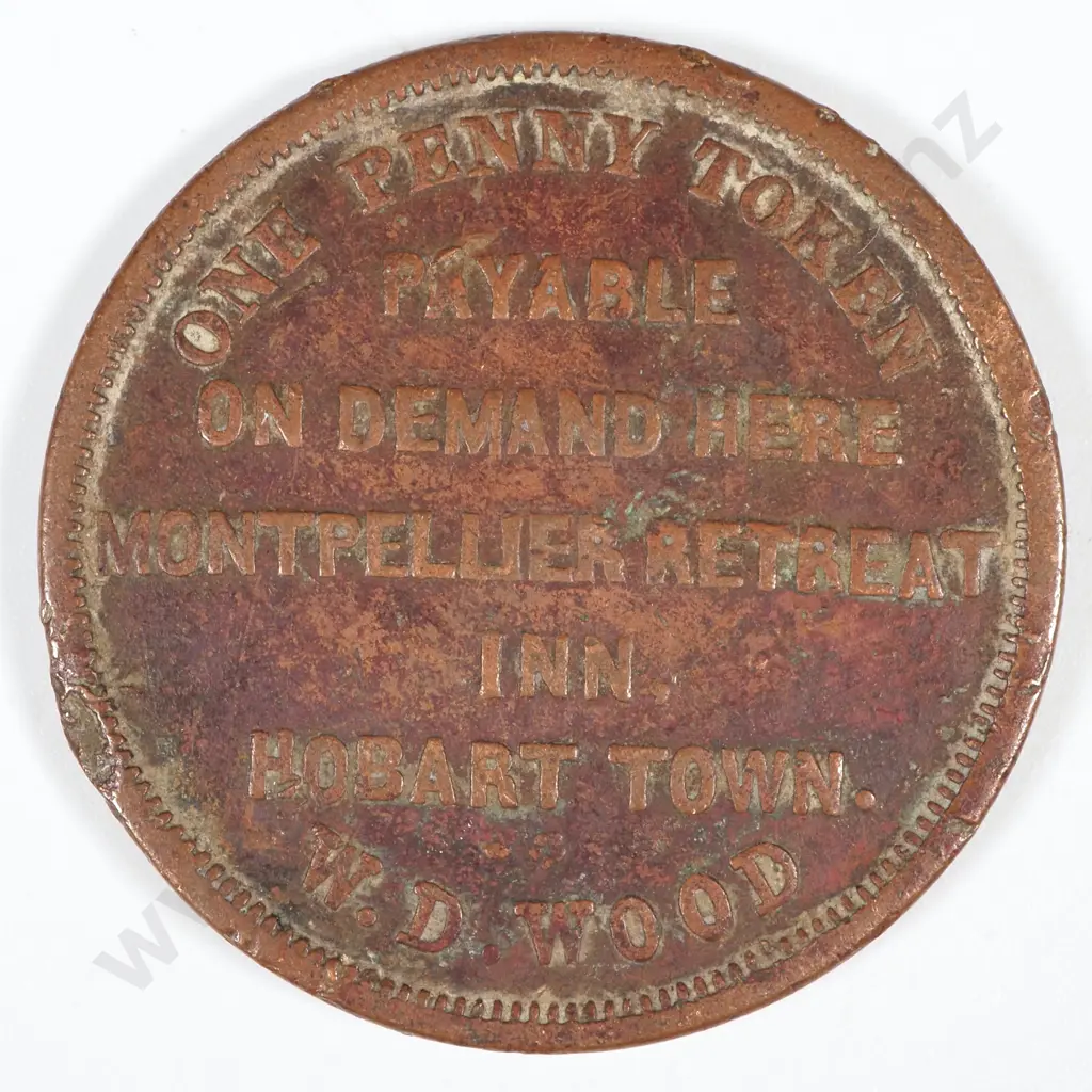 19th Century Australian Copper One Penny Trade Token - Montpellier Retreat Inn Hobart Town W D Wood  Image 1++