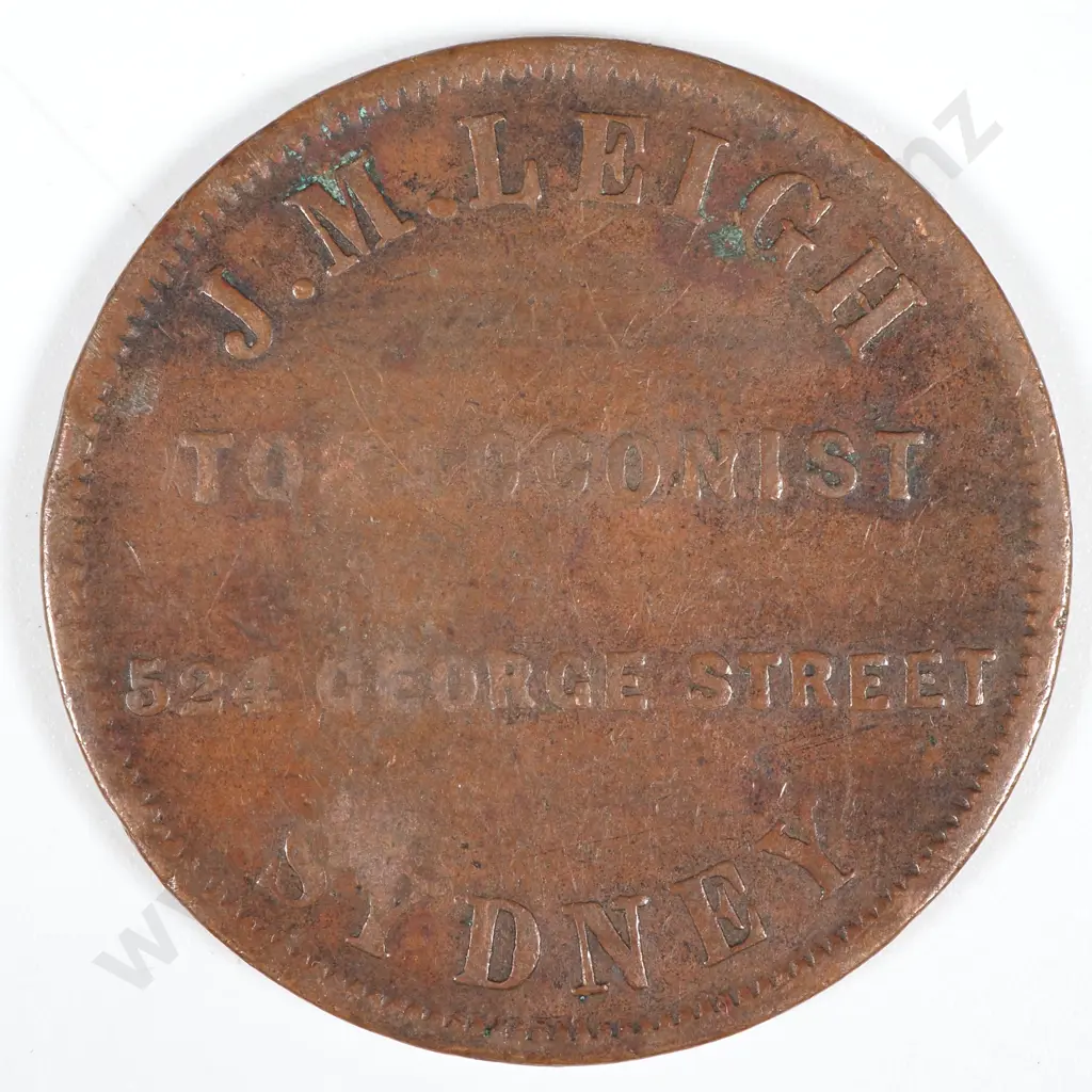 19th Century Australian Copper One Penny Trade Token - J M Leigh Tobacconist 524 George Street Sydney Image 1++