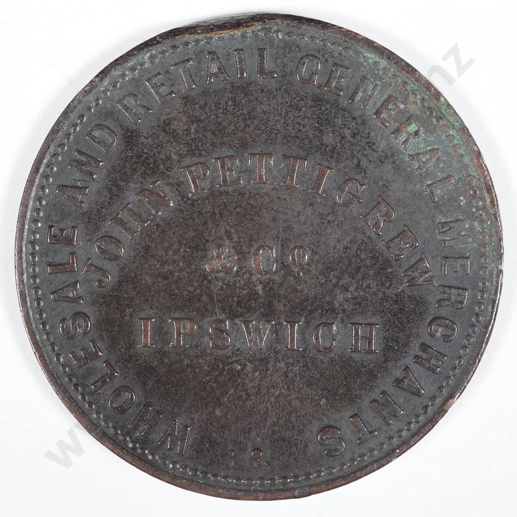 19th Century Australian Copper Half Penny Trade Token - John Pettigrew & Co Wholesale & Retail General Merchants  Image 1++