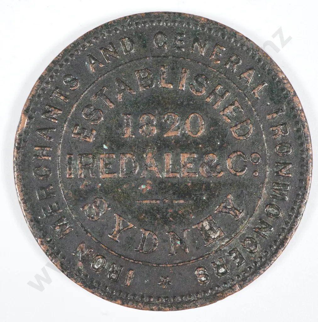 19th Century Australian Copper One Penny Trade Token - Iredale & Co Iron Merchants & General Ironmongers Sydney  Image 1++