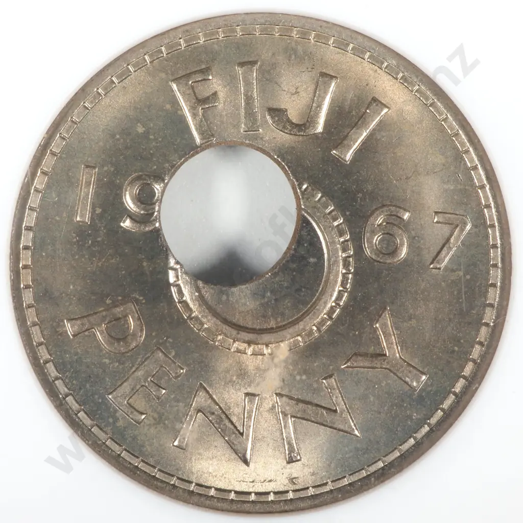 1967 Fiji Penny, Error Coin - Hole Off Centre, ANACS Graded & Slabbed - MS65 Image 1++