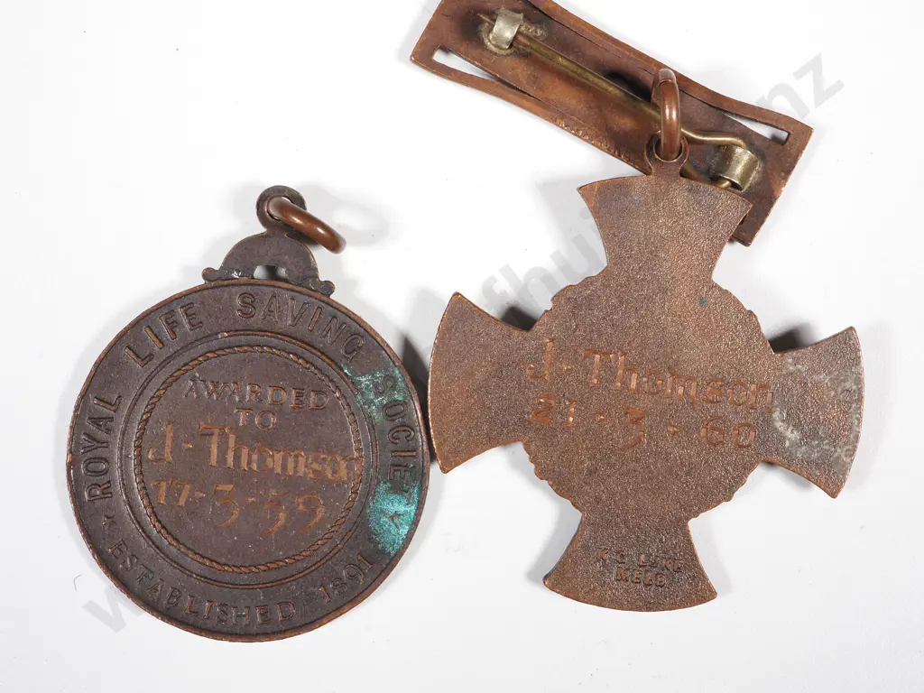 Two Bronze Royal Life Saving Medals to J Thomson 1959 /60 Image 1++