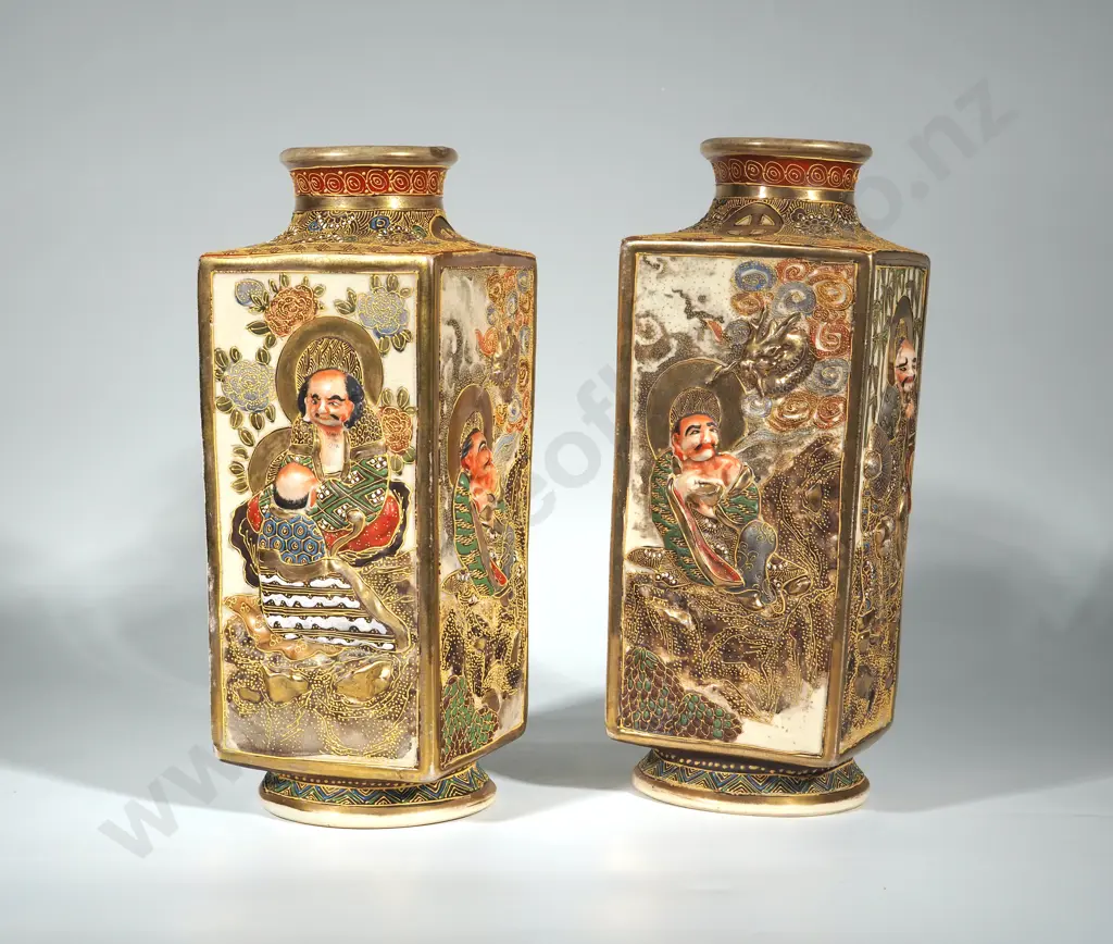 Large Pair of Satsuma Vases of Square Form. Hgt 310mm Image 1++