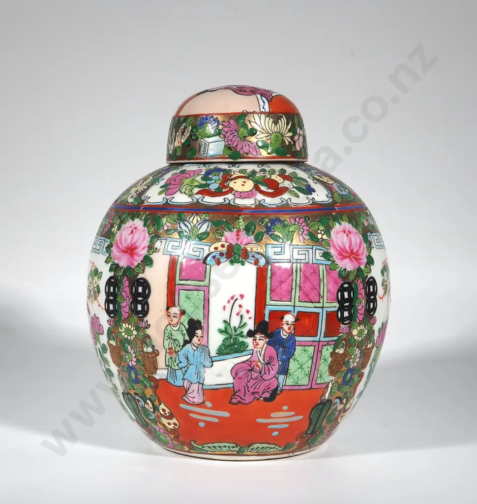 Decorative Cantonese Enamel Style Oriental Ginger Jar & Bowl Image 1++