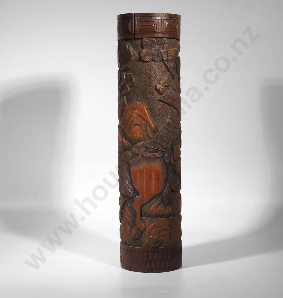 Carved Cylindrical Bamboo Vase with Carved Oriental Decoration Image 1++