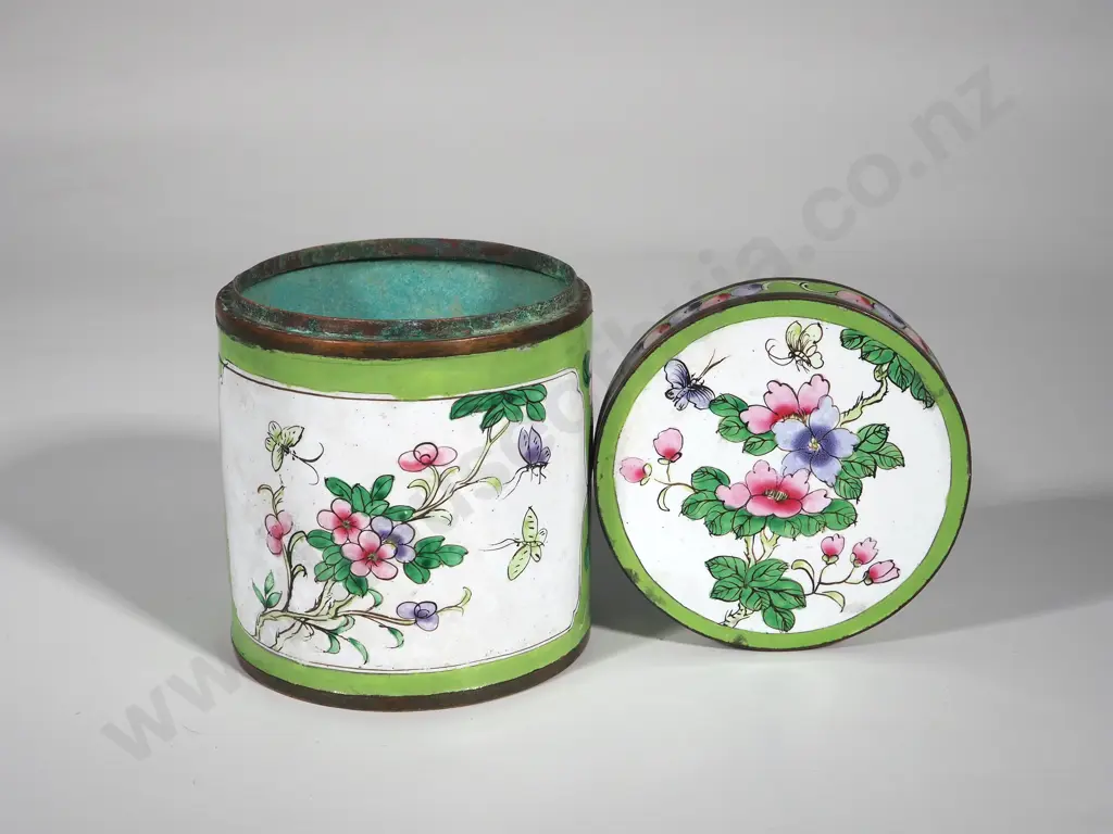 Antique Chinese Hand-Painted Enamel Lidded Cannister Image 1++