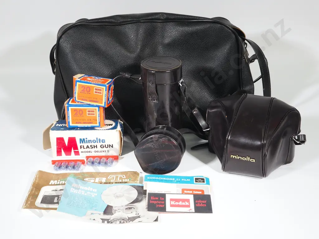 Bag Containing Vintage Minolta Camera and Lenses Image 1++
