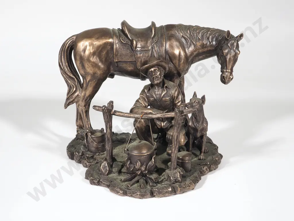 Bronzed Resin Sculpture: Man w Horse & Dog Image 1++