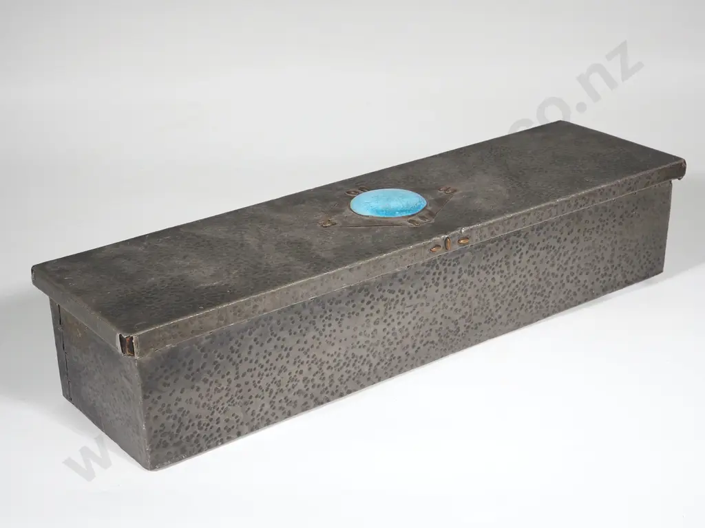 Arts & Craft Style Beaten Metal Box w Blue Enamel Centrepiece Image 1++