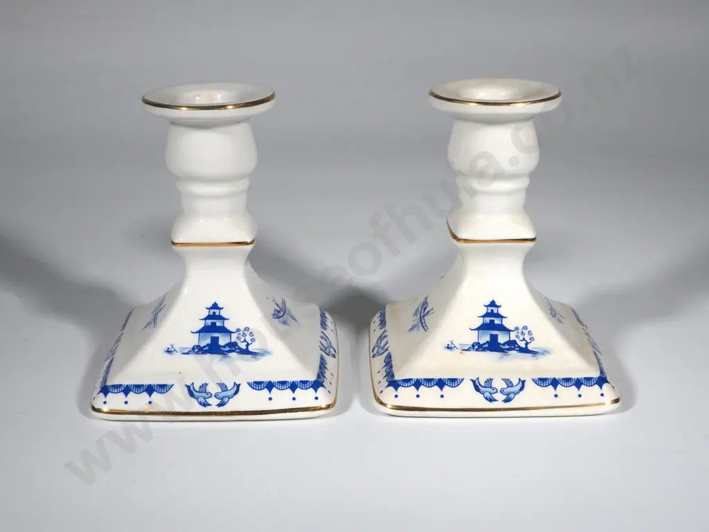 Two Royal Winton Blue & White Candlesticks w Oriental Style Decoration Image 1++